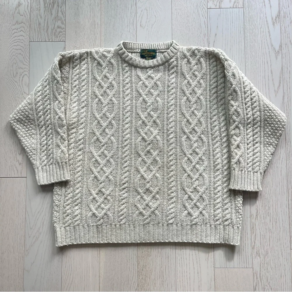 Vintage Doogan Donegal Cream 100% Wool Aran fisherman cable knit Irish sweater - Picture 2 of 13